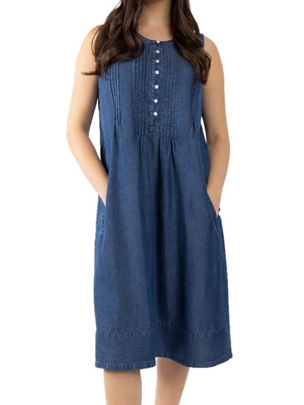 Coldwater Creek Dark Blue Sleeveless TENCEL Denim Pintuck Dress Womens L NWT